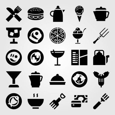 Restoran vektör Icon set. sosis, çorba, pizza ve ödeme
