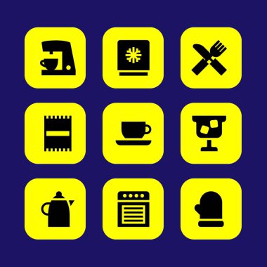 Mutfak vektör Icon set. su ısıtıcısı, havlu, kahve makinesi ve çatal bıçak takımı