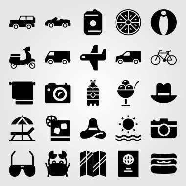 Yaz aylarında vektör Icon set. Güneş, fotoğraf makinesi, güneş gözlüğü ve pasaport