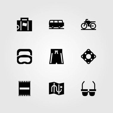 Yaz aylarında vektör Icon set. bavul, cankurtaran, harita ve motosiklet