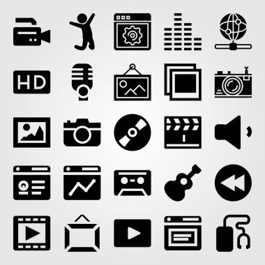 Multimedya vektör Icon set. Kompakt disk, ses, mikrofon ve müzik oyuncu