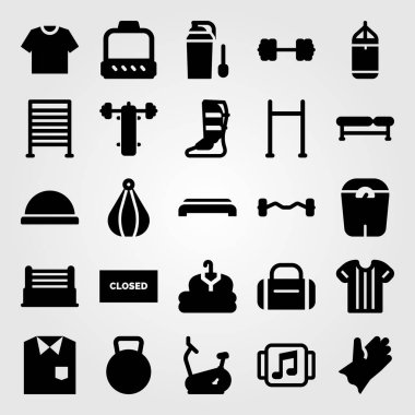 Fitness vektör Icon set. eldiven, sabit bisiklet, çekin ve yukarı çekin bar