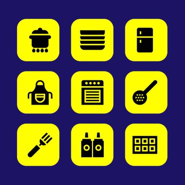 Mutfak vektör Icon set. çatal bıçak takımı, yemekler, buzluk ve çatal