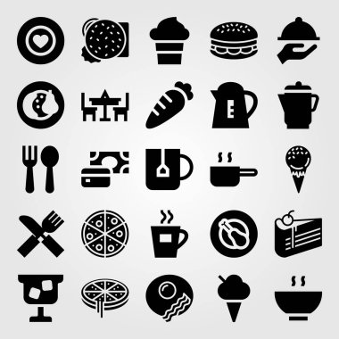 Restoran vektör Icon set. Tablo, ödeme, dondurma ve tepsi