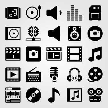 Çoklu ortam simgesini vektör ayarlayın. ses Bar, internet, müzik notu ve tarayıcı