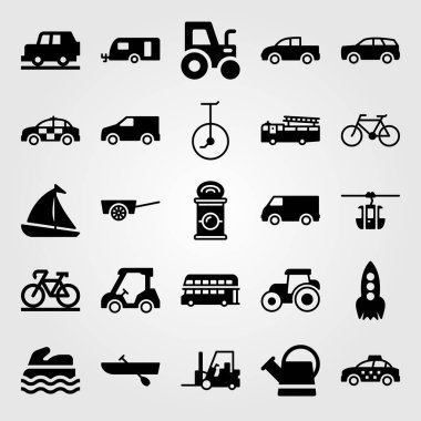 Ulaşım vektör Icon set. kamyon, sulama olabilir, polis arabası ve van