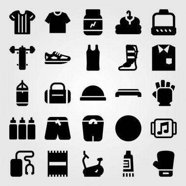 Fitness vektör Icon set. Delme, gömlek, havlu ve Mustafa