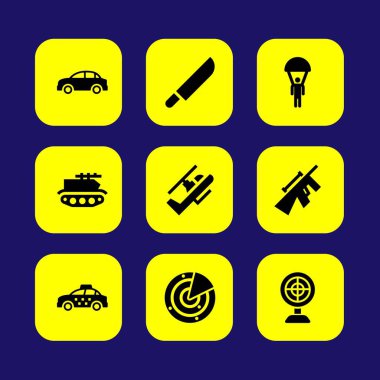 Askeri vektör Icon set. Amaç, bıçak, helikopter ve radar