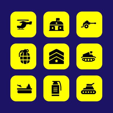 Askeri vektör Icon set. uçak gemisi, helikopter, silah ve tank
