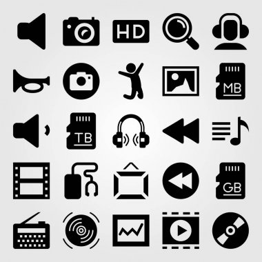 Multimedya vektör Icon set. çerçeve, Büyüteç, kompakt disk ve radyo