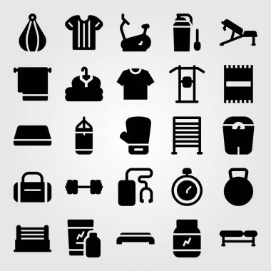 Fitness vektör Icon set. Bisiklet, spor mat, müzik çalar ve yüzük