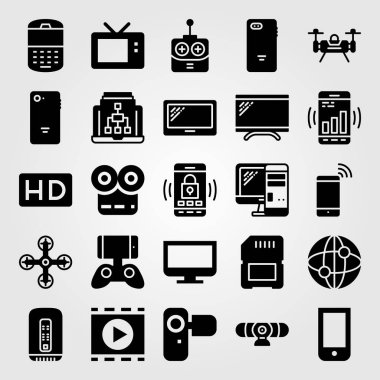 Teknoloji vektör Icon set. bellek, film oynatıcı, bilgisayar ve monitör