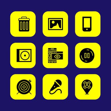 Temel vektör Icon set. çöp kutusu, smartphone, mikrofon ve hedef