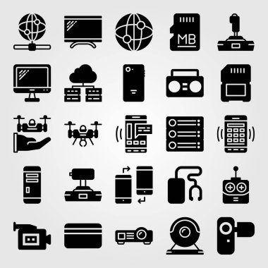 Teknoloji simge vektör ayarlayın. sunucu, müzik çalar, oyun çubuğu ve projektör