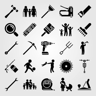 Araçlar simgesi vektör ayarlayın. Aile, çatal, çekme balta ve anne