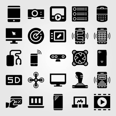 Teknoloji vektör Icon set. dizüstü bilgisayar, soğutucu, film oynatıcı ve sd kartı