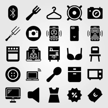 Alışveriş vektör Icon set. dizüstü bilgisayar, Bilet, elbise ve tv