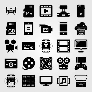 Teknoloji vektör Icon set. dizüstü bilgisayar, film oynatıcı, bellek ve monitör