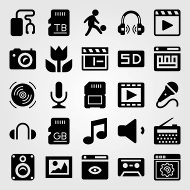 Multimedya vektör Icon set. Kompakt disk, müzik çalar, fotoğraf makinesi ve hoparlör