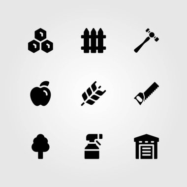 Bahçe vektör Icon set. Petek, ağaç, ambar ve püskürtme