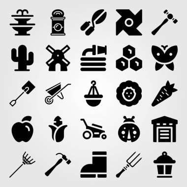 Bahçe simge vektör ayarlayın. kaktüs, kelebek, pot ve budama makası