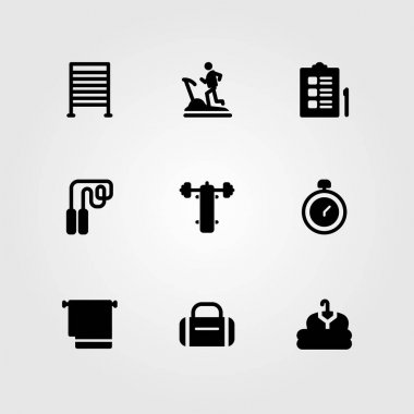 Fitness vektör Icon set. havlu, atlama, giyim ve koşu bandı