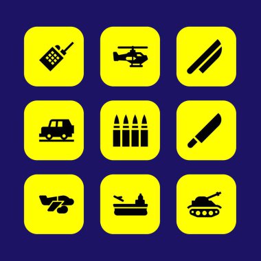 Askeri vektör Icon set. Uçak, uçak gemisi, tank ve araba