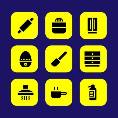 Mutfak vektör Icon set. sıkacağı, pan, buzdolabı ve kabine