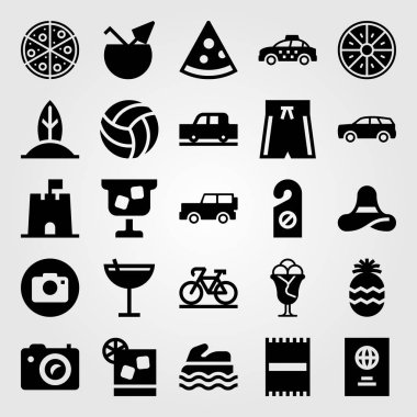 Yaz aylarında vektör Icon set. ananas, Hindistan cevizi, taksi ve pizza