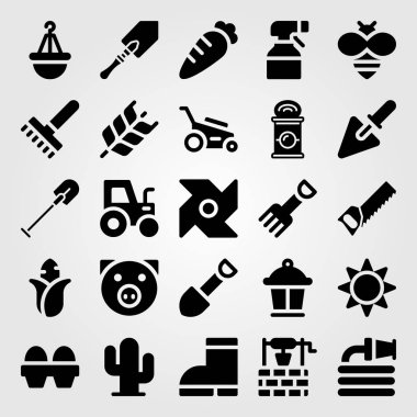 Bahçe simge vektör ayarlayın. el testeresi, havuç, kürek ve iyi