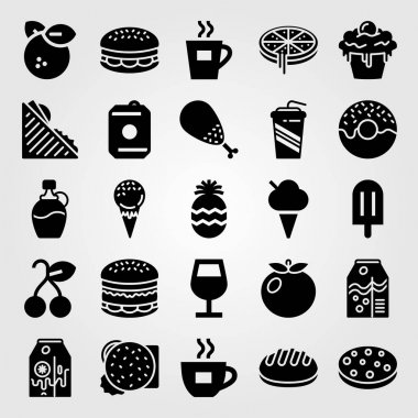 Yiyecek ve içecekler Icon set vektör. Şarap kadehi, çay, ekmek ve kahve fincanı