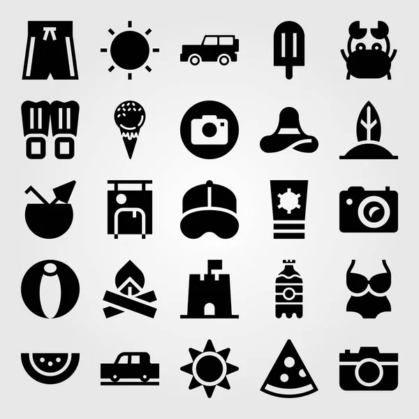 Ensemble d'icônes vectorielles d'été. palmes, château de sable, jeep et appareil photo — Image vectorielle