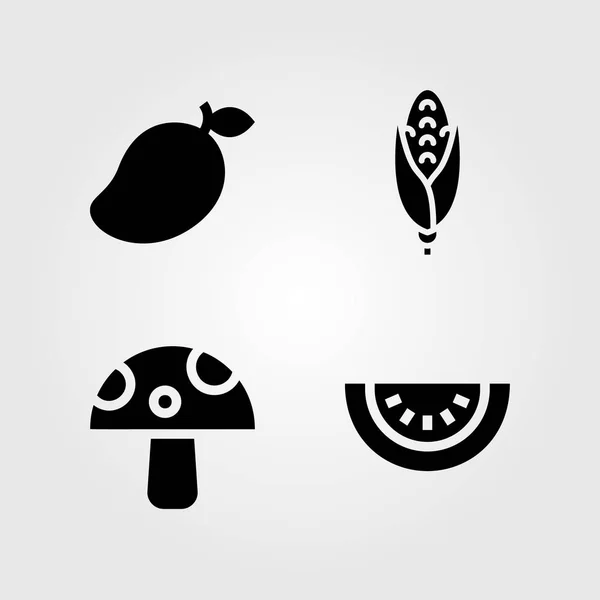 Набор векторных значков фруктов и овощей. грибы, кукуруза, манго и арбуз — стоковый вектор
