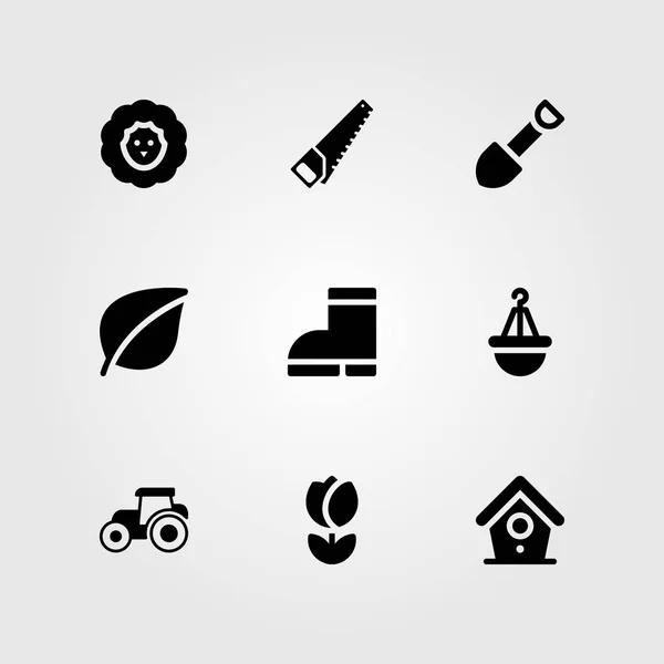 Set di icone vettoriali da giardino. foglia, trattore, pala e vaso — Vettoriale Stock