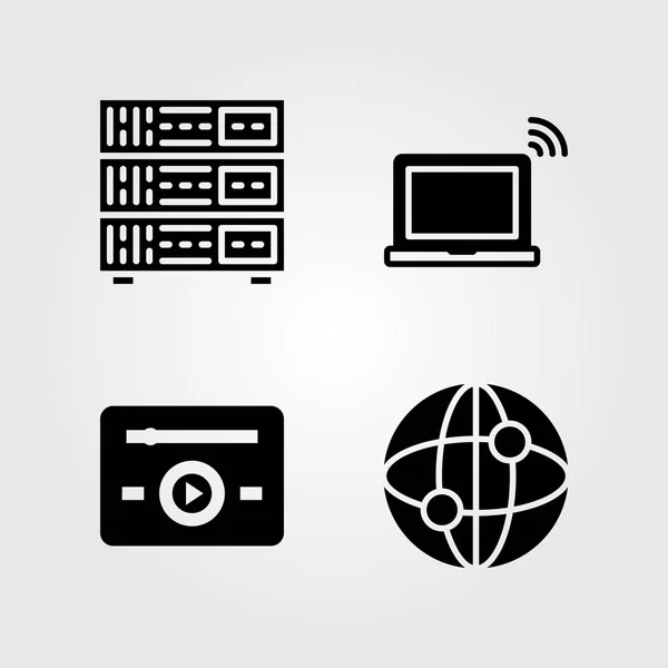 Technologie iconen instellen. Vector illustratie de speler van de muziek, internet, laptop en server — Stockvector