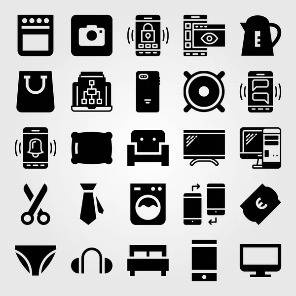 Winkelen vector icon set. boodschappentas, fotocamera, pc en ticket — Stockvector