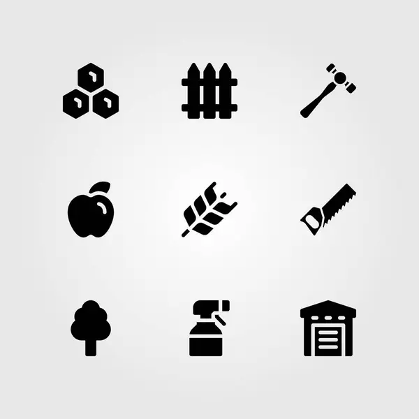 Tuin vector icon set. honingraat, boom, magazijn en sproeier — Stockvector