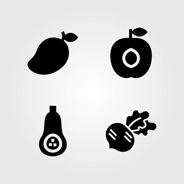 Gyümölcsök zöldségek vector icon set. sárgabarack, mangó, butternut squash és retek — Stock Vector