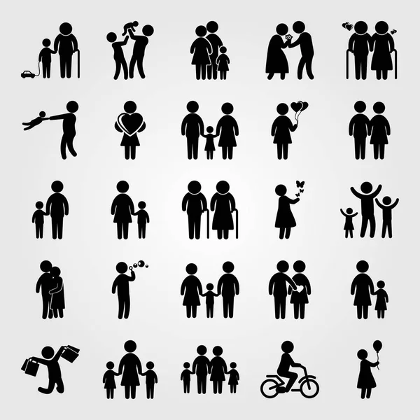 Humans Icon Set Vector Mother Two Chields Child Riding Bike — Stock Vector