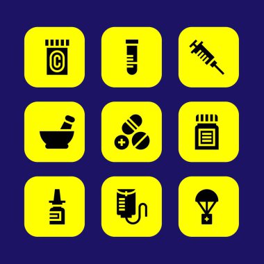 Tıp vektör Icon set. harç, tüp bebek, tüp ve burun spreyi