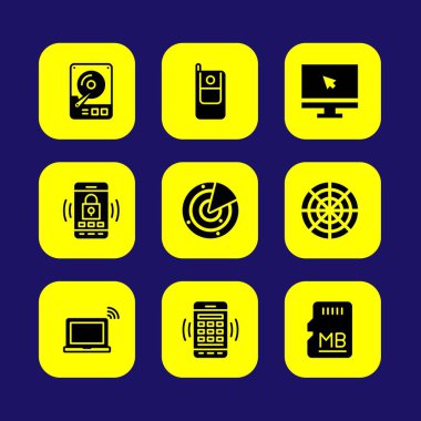 Teknoloji vektör Icon set. bellek, hhd, başkanı ve radar