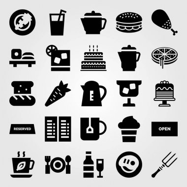Restoran vektör Icon set. menüsü, kokteyl, aç ve burger