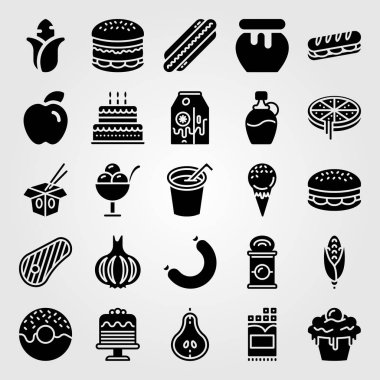 Yiyecek ve içecekler simge vektör ayarlayın. Tatlım, sandviç, pizza ve şurubu