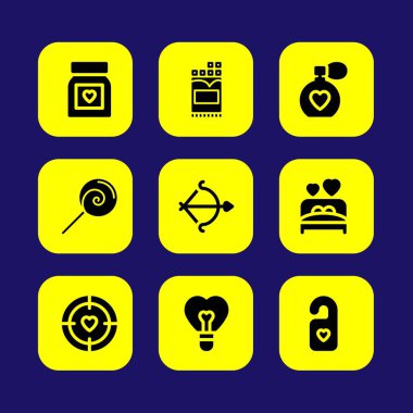 Sevgililer günü vektör Icon set. parfüm, Sevgililer günü, kalp sevmek ve yatağı seviyorum