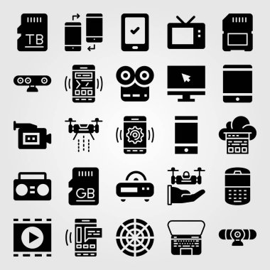 Teknoloji vektör Icon set. dron, film oynatıcı, monitör ve sd kartı