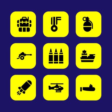 Silah vektör Icon set. madalya, mermi, bomba ve sırt çantası