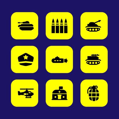 Askeri vektör Icon set. asker şapkası, helikopter, madde işaretleri ve nursecy