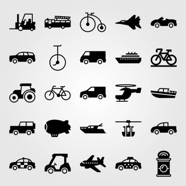 Ulaşım vektör Icon set. Forklift, golf, can ve spor araba