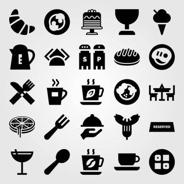 Restoran vektör Icon set. Pizza, biftek, dondurma ve mantar