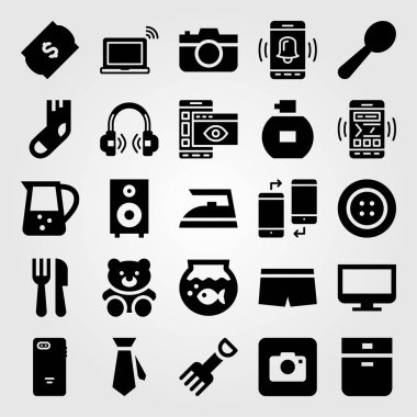 Alışveriş vektör Icon set. dizüstü bilgisayar, düğme, oyuncak ve fotoğraf fotoğraf makinesi